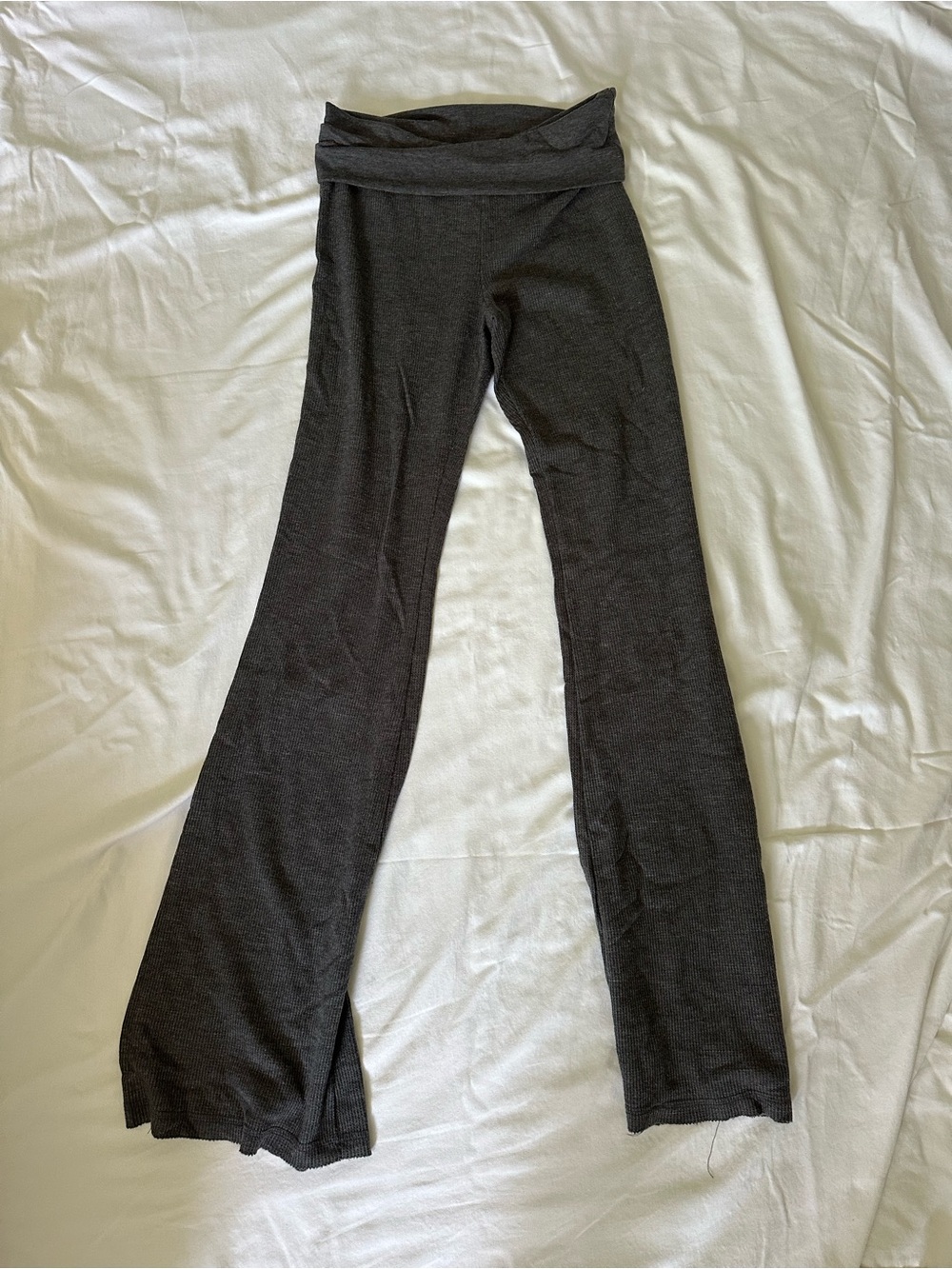 Grey Fold-Over Waist Waffle Flare Pants